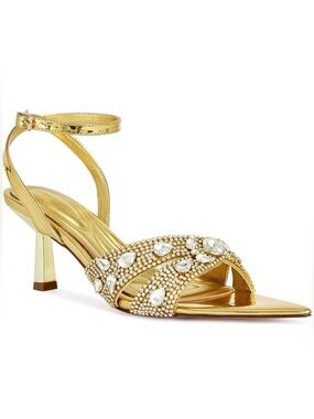 Azalea Wang Ziva Gold Crystal Embellished Heels Size 7 NWOB